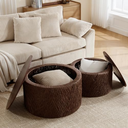 Large Round Storage Coffee Table Set of 2 Hand-Woven Rattan Brown B801