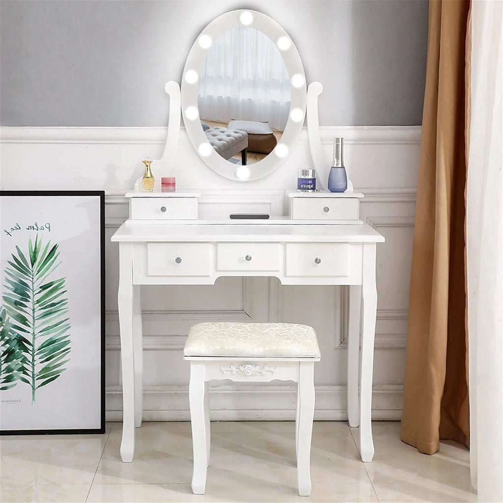 White Vanity Table Set with 5 Drawers and Cushioned Stool C81622