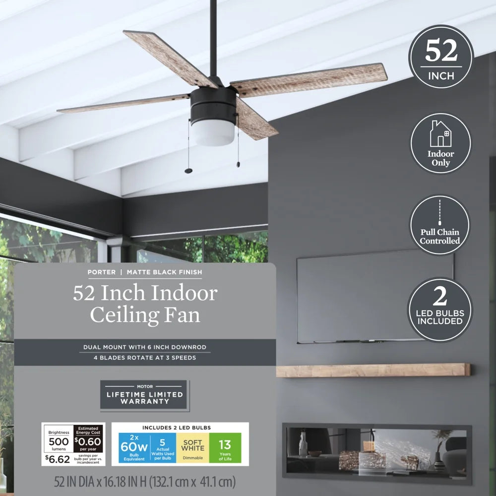 52" Matte Black Indoor Ceiling Fan with Light N748