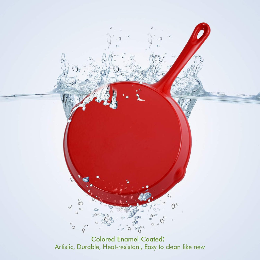 Enameled Cast Iron Skillet 10 Inch Round Fry Pan Cherry Red O926707