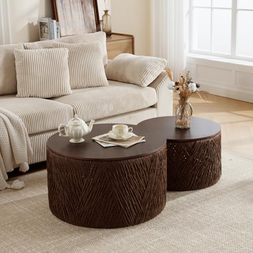 Large Round Storage Coffee Table Set of 2 Hand-Woven Rattan Brown B801