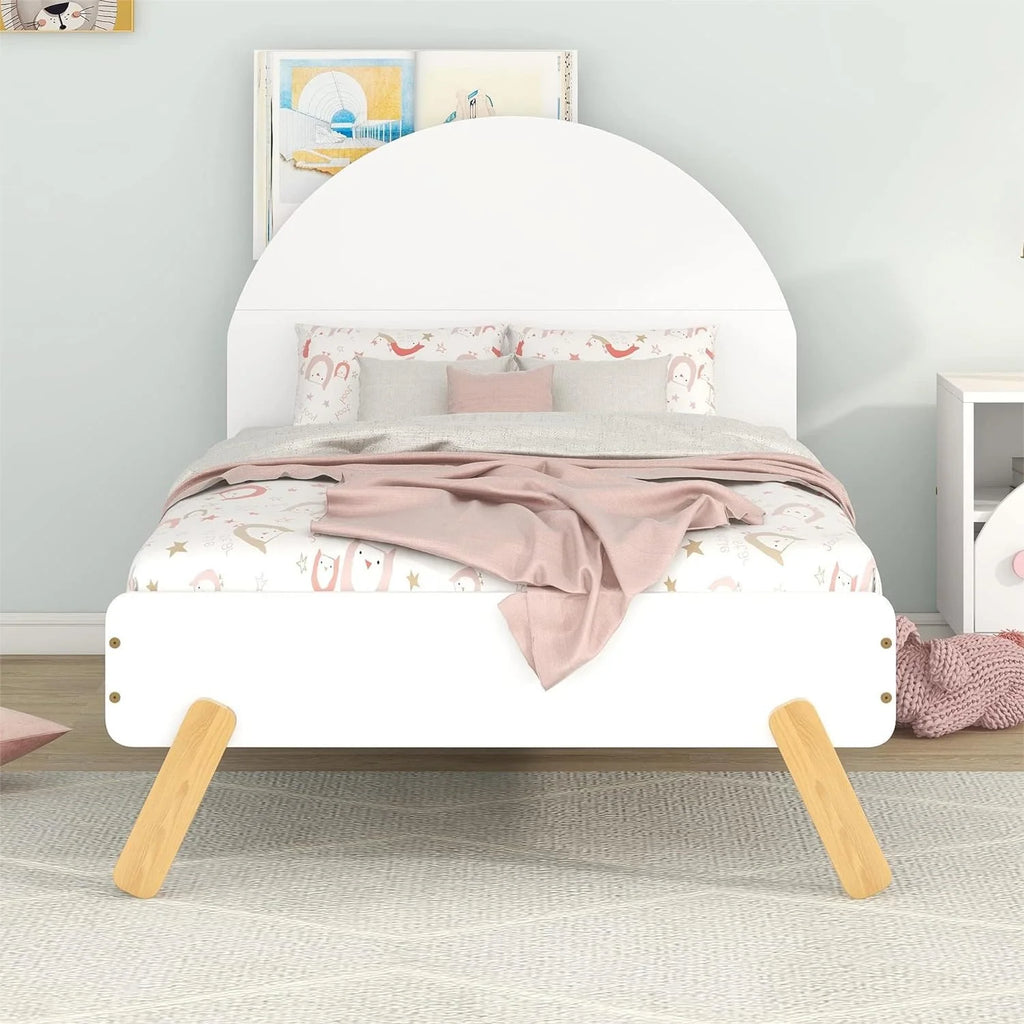 White Solid Wood Platform Bed with Curved Headboard and Shelf K49936