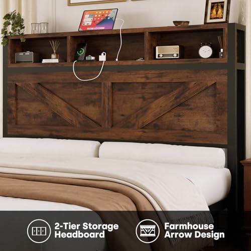 Brown Full Bed Frame with Bookcase Storage Headboard and 2 Storage Drawers J3475