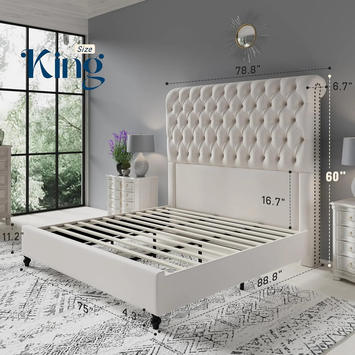 King Size Velvet Upholstered Platform Bed with Sleigh Headboard F878030