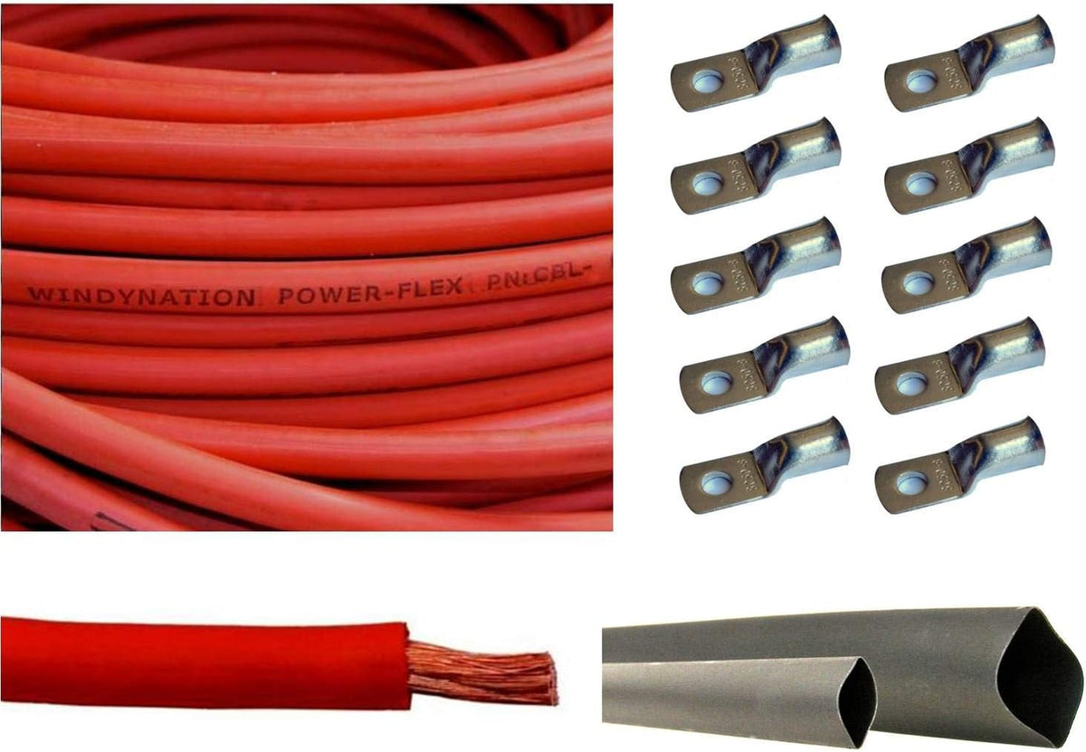 4 AWG 20 Feet Red Pure Copper Flexible Cable with Copper Cable Lug Terminal Connectors and Heat Shrink Tubing G1146