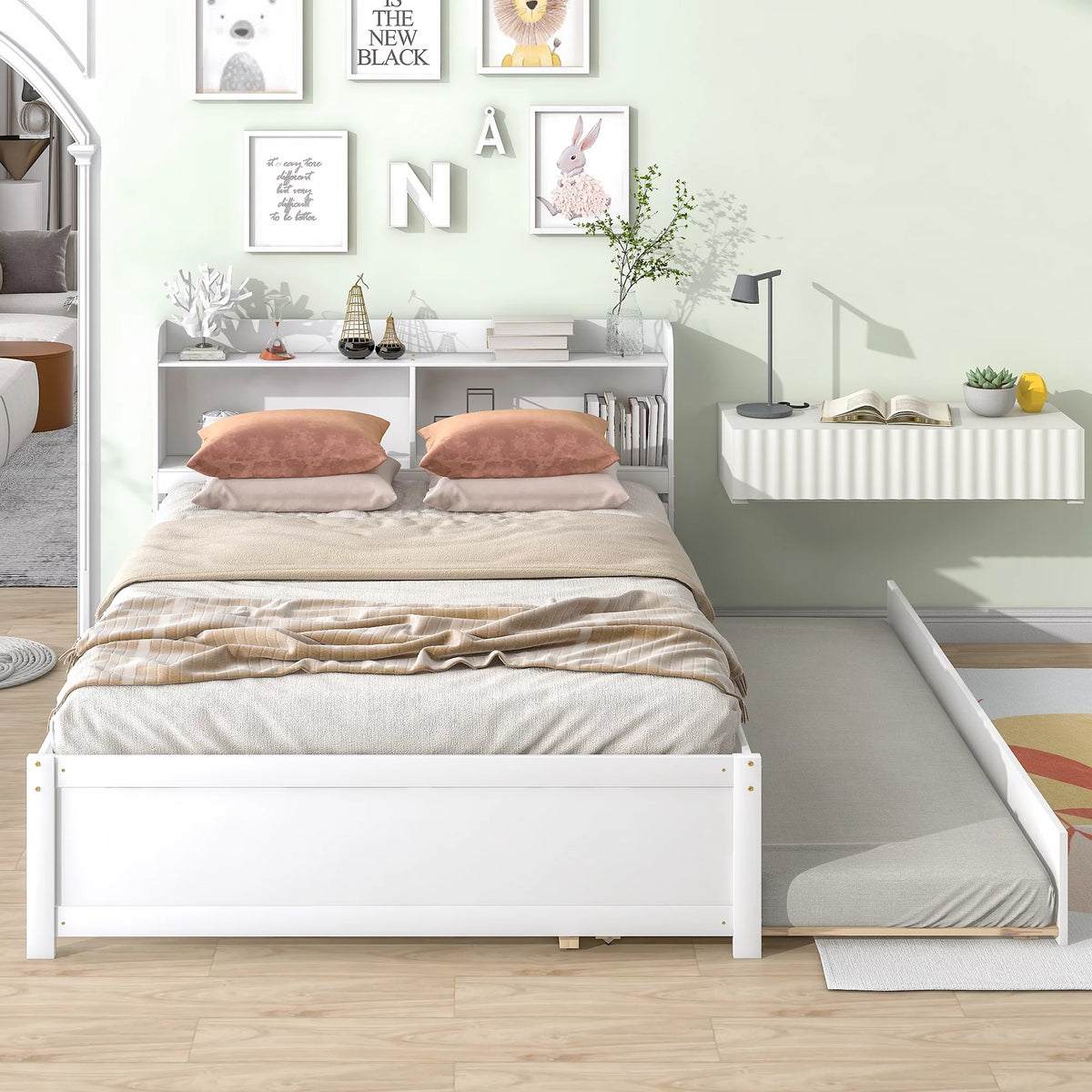 White Full Size Solid Wood Platform Bed with Headboard and Trundle V85647