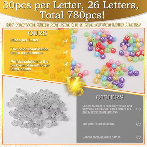 60 Sets DIY Wine Glass Charms with Letter Beads Gold Beads Charm Rings Tweezers V608936