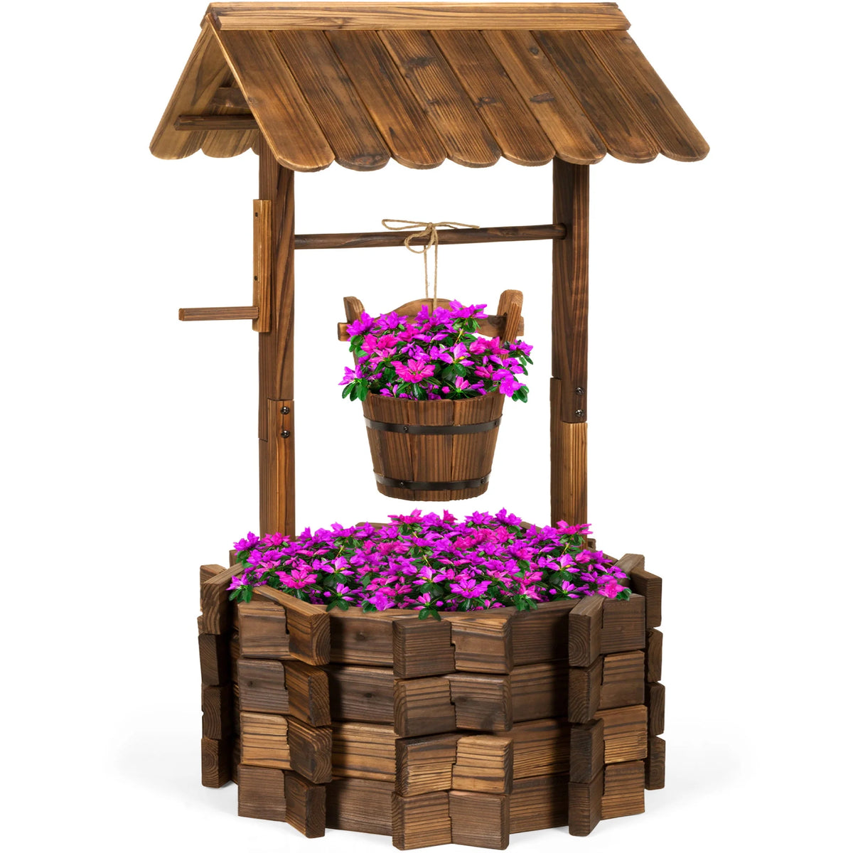 Rustic Wooden Wishing Well Planter with Hanging Bucket U98874