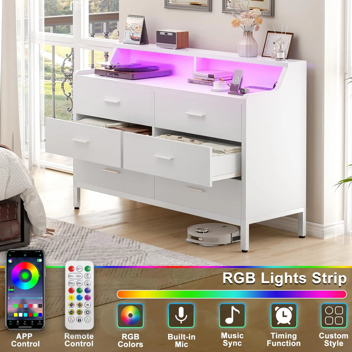 White 6 Drawer Dresser with Power Outlets and LED Light B434