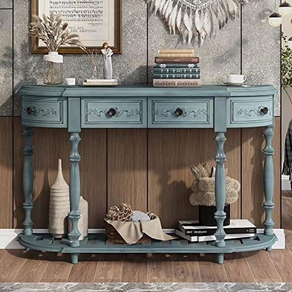 Curved Console Table with 4 Drawers Solid Wood Frame Black U9151