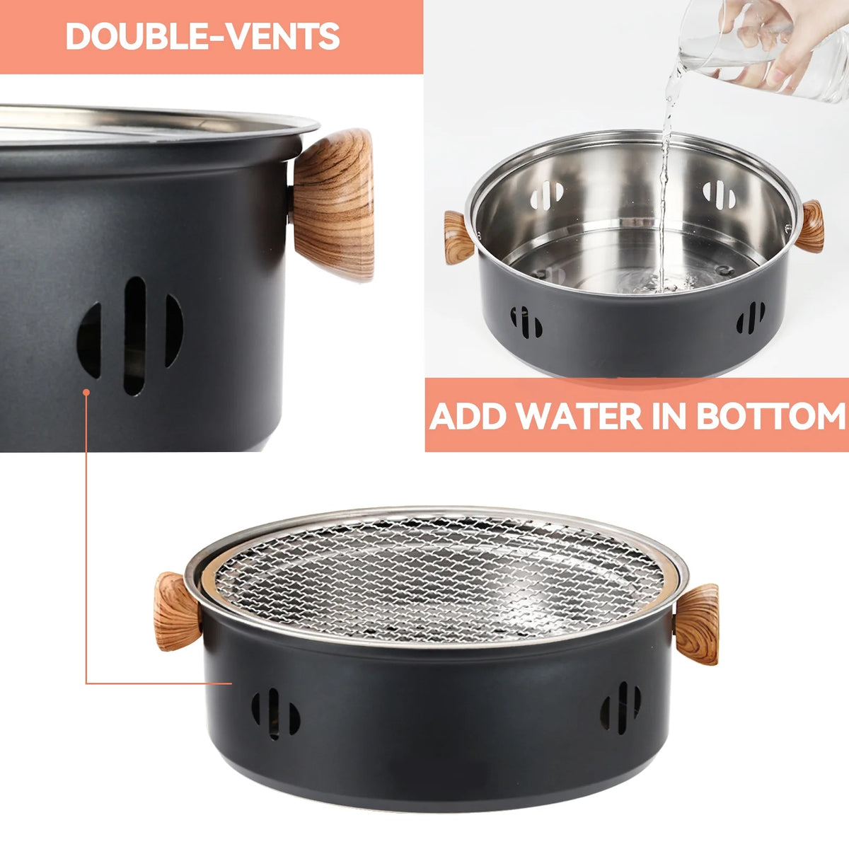 Charcoal BBQ Grill Portable Camping Grill Tabletop Korean Barbecue Grill Black R764971