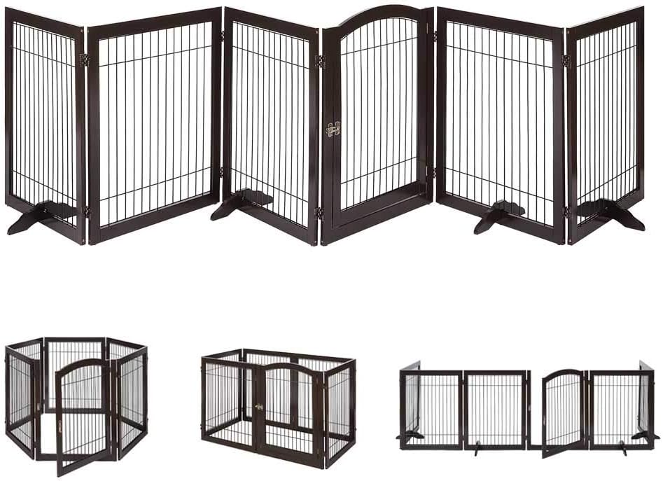6 Panels Extra Wide Freestanding Walk Through Dog Gate with 4 Support Feet W936875