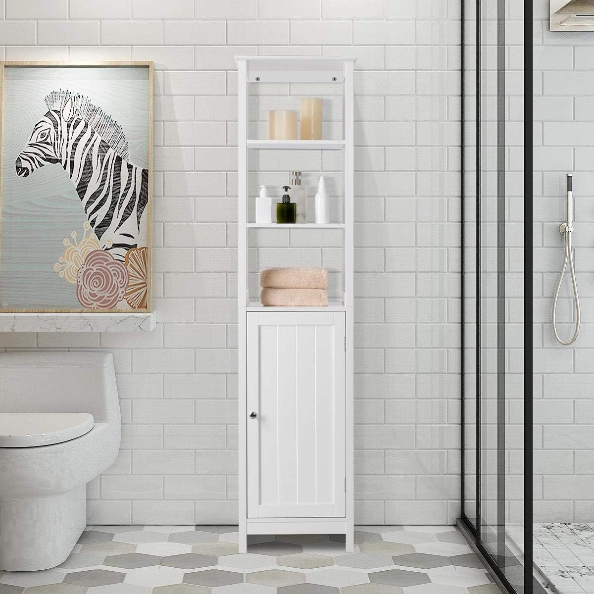 White 63 in Wooden Bathroom Floor Cabinet with 3 Tier Shelves I859979