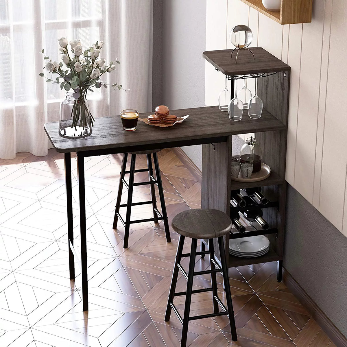 Bar Table and Chairs Set for 2, 3-Piece Counter Height Dining Table Set with Shelves L78811