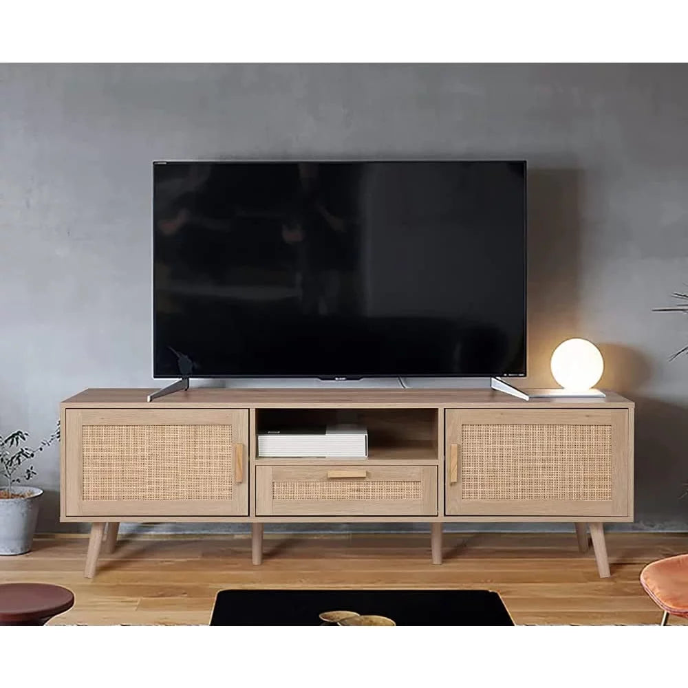 Wooden TV Console Table with 2 Rattan Doors and 2 Open Shelves R320742