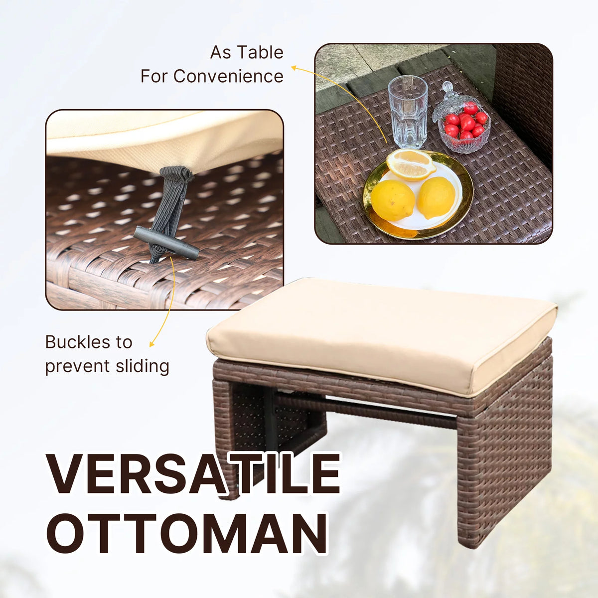 3 Piece Brown Rattan Outdoor Loveseat with Ottoman and Side Table N8413