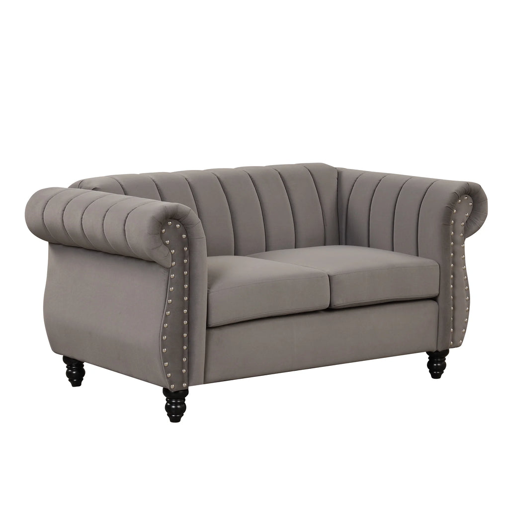 Gray Buttoned Tufted Sofa with Solid Wood Legs E262