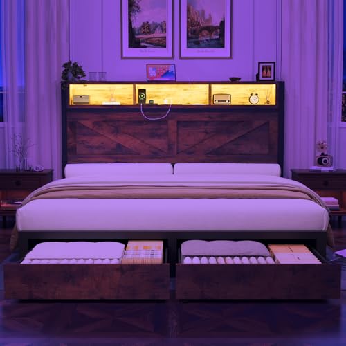 Brown Full Bed Frame with Bookcase Storage Headboard and 2 Storage Drawers J3475