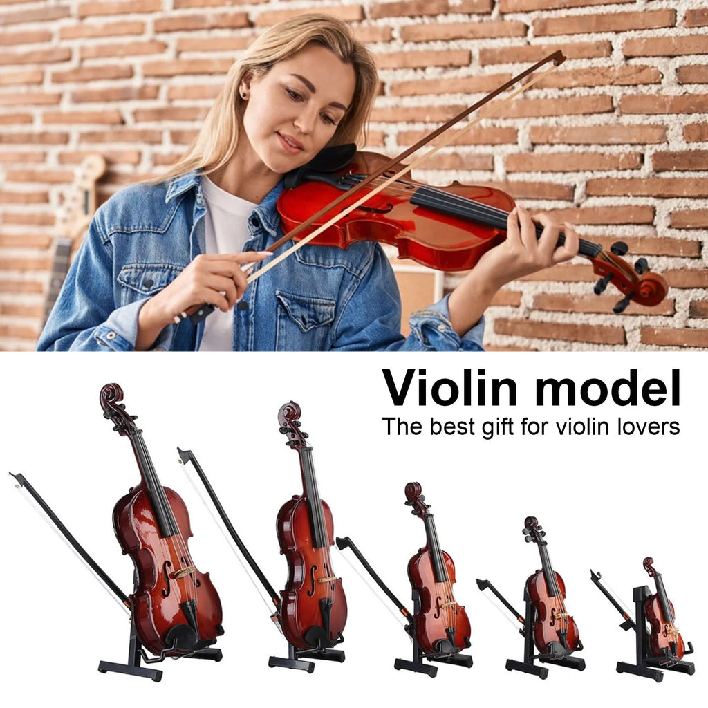 Wooden Mini Violin Model with Stand Playable Tiny Violin Figurine Miniature Musical Instrument Ornament G2369