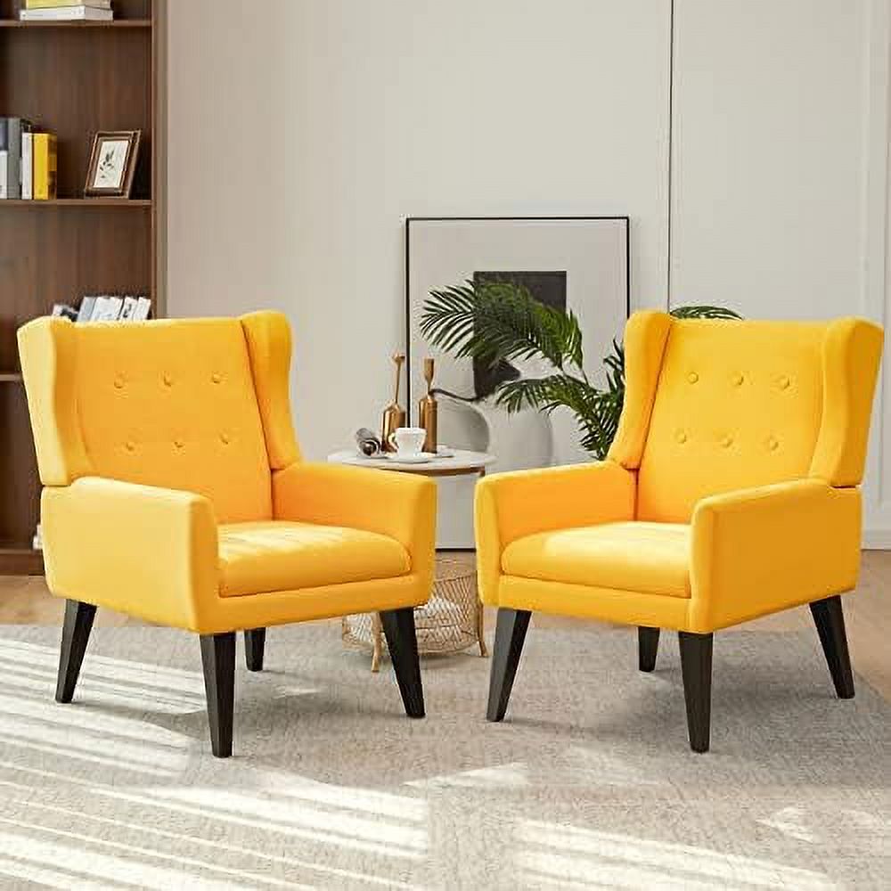 Yellow Upholstered Button Tufted Accent Chair with Wood Legs X2022