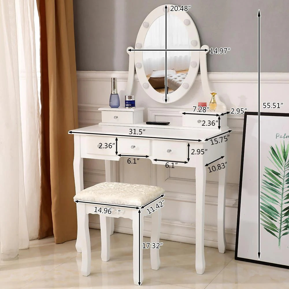 White Vanity Table Set with 5 Drawers and Cushioned Stool C81622