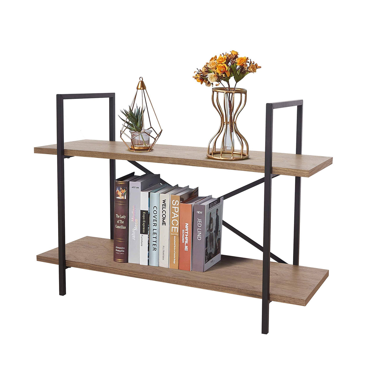 2 Tier Industrial Metal Wood Bookshelf Y778