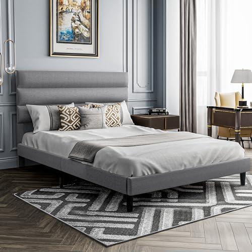Dark Gray Full Size Linen Fabric Upholstered Platform Bed Frame C200