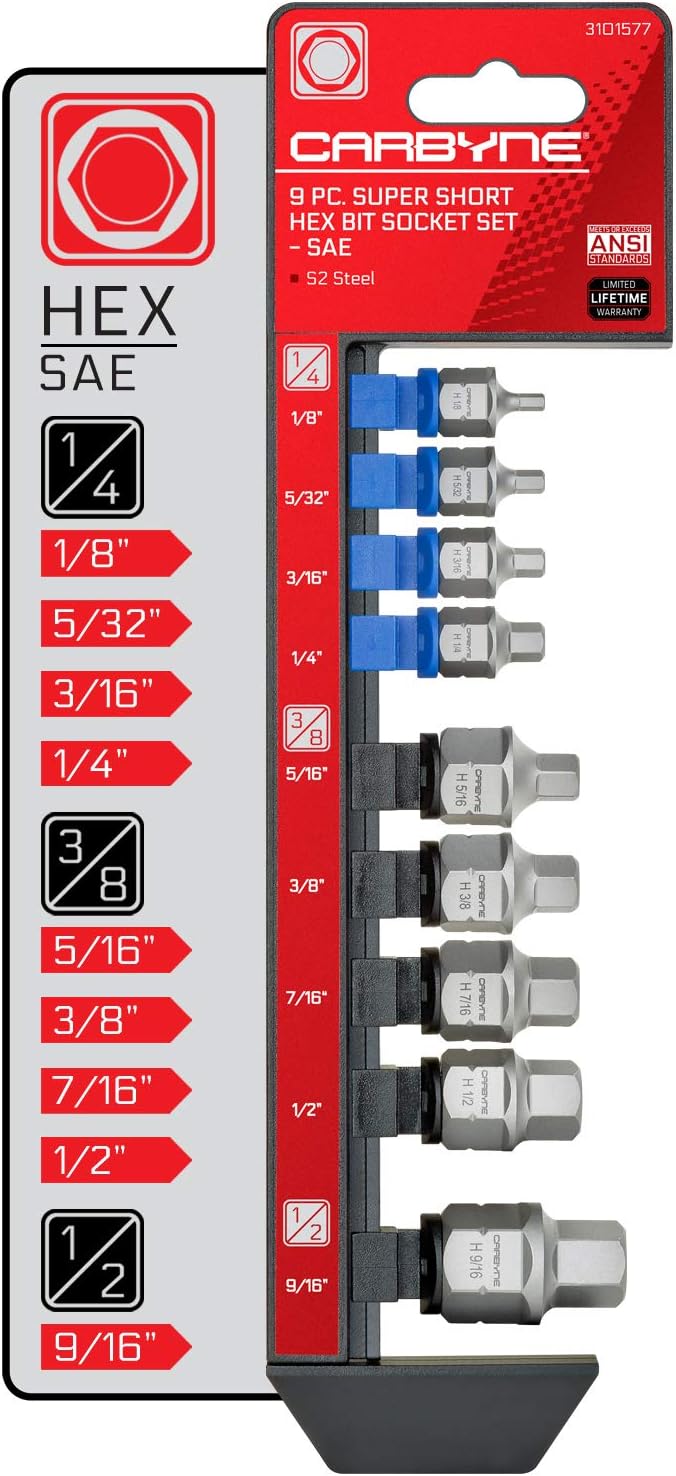 9 Piece SAE Hex Bit Socket Set S-2 Steel E915