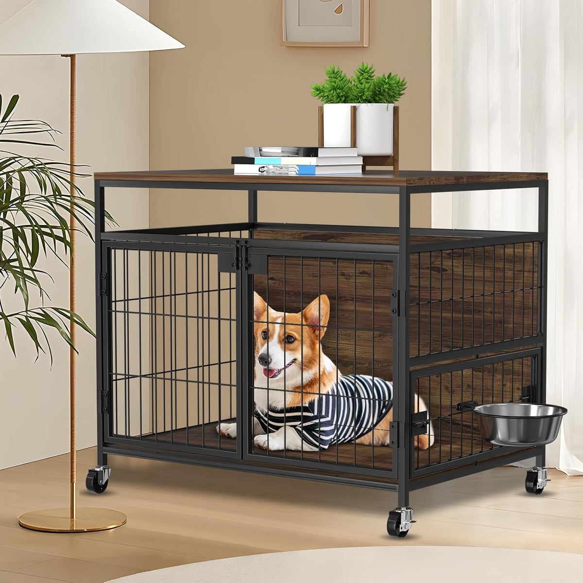 31" Heavy Duty Wooden Dog Crate Furniture with Wheels P607002