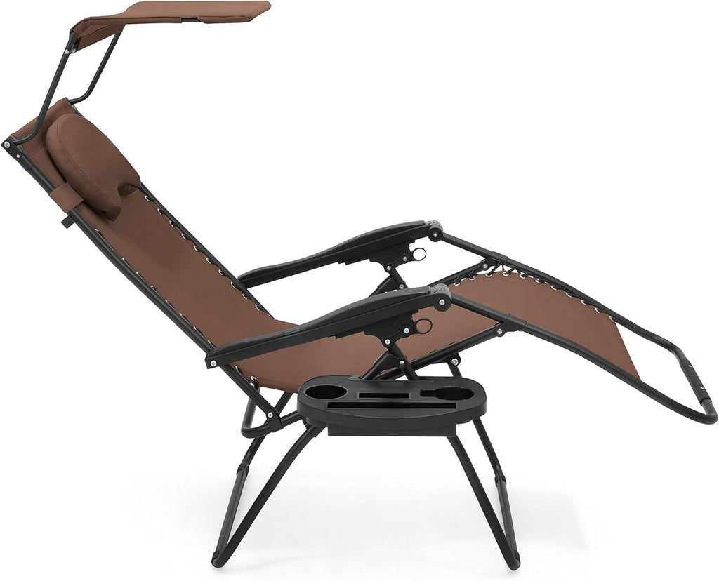 Oversized Steel Mesh Zero Gravity Reclining Lounge Patio Chair with Folding Canopy Shade and Cup Holder N43314