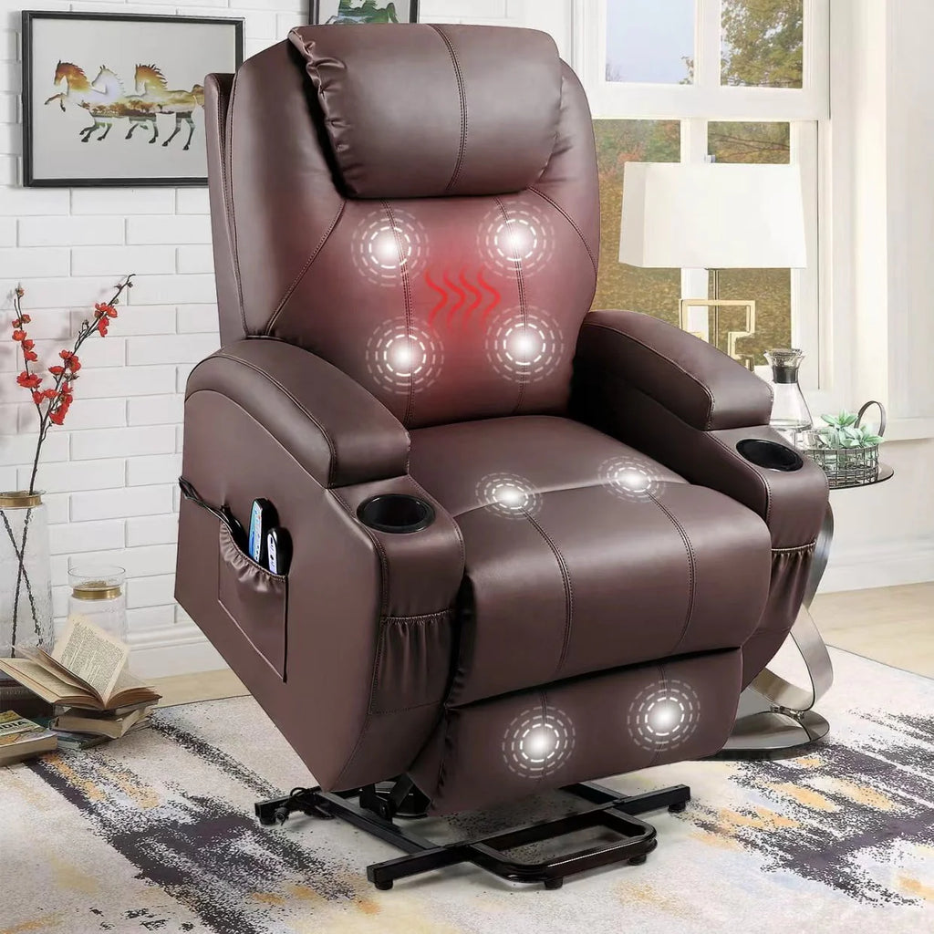 Brown Faux Leather Power Lift Recliner with Massage and Heat G858711
