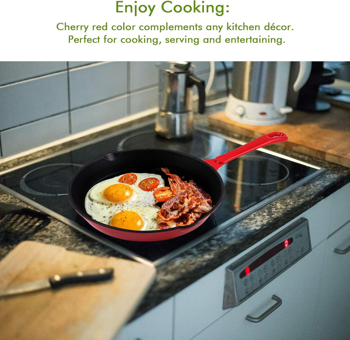 Enameled Cast Iron Skillet 10 Inch Round Fry Pan Cherry Red O926707