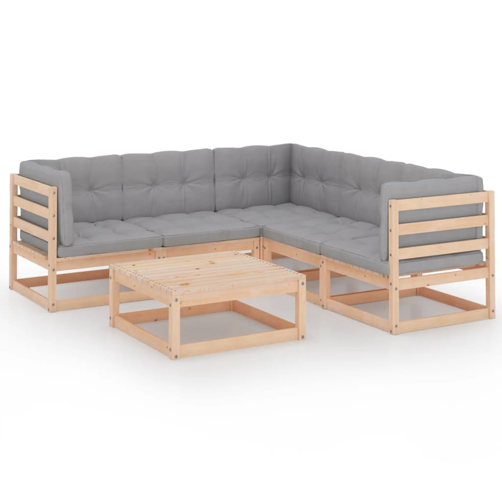 6 Piece Gray Cushioned Pinewood Patio Lounge Set U703606