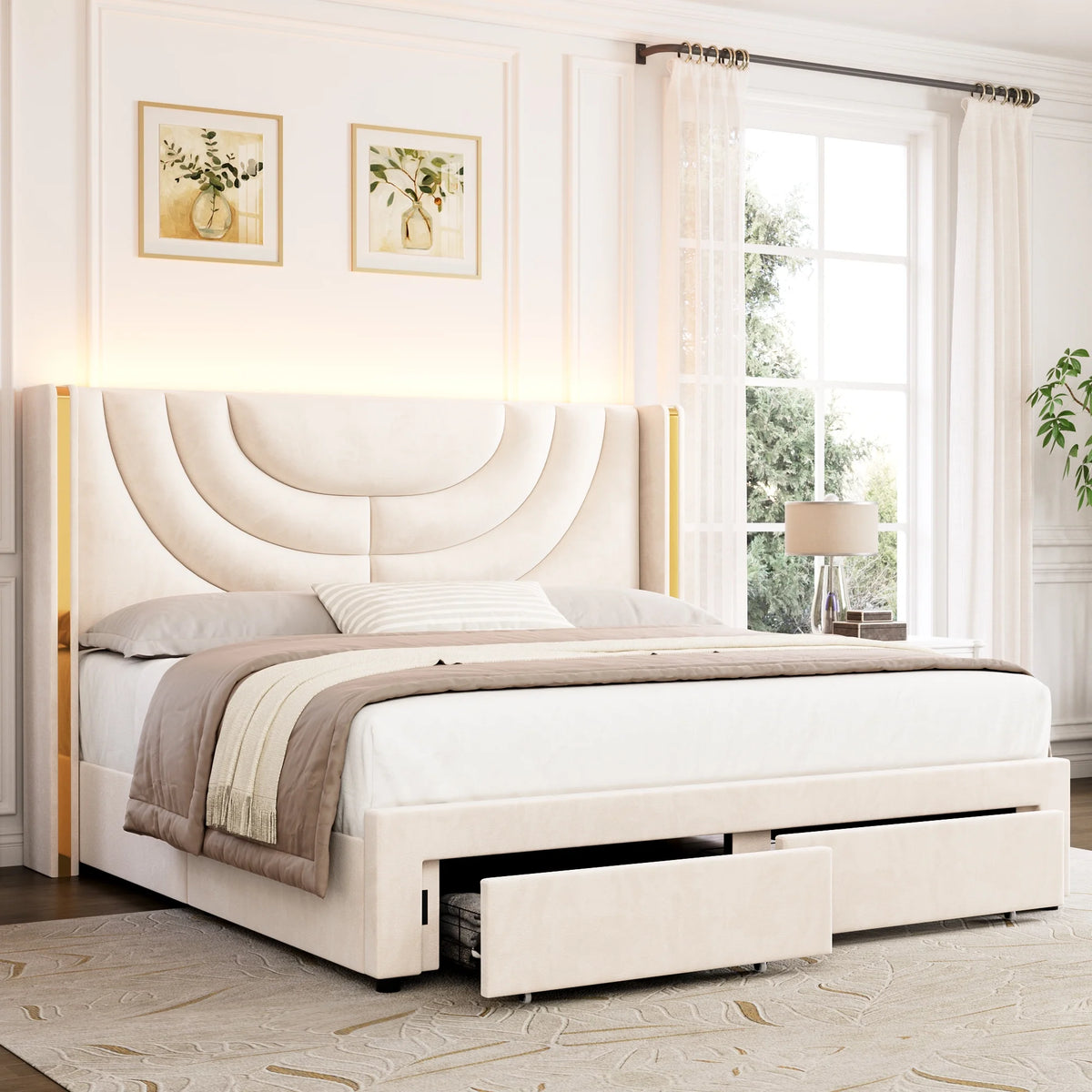 Full Size Velvet Upholstered Platform Bed Frame with 2 Drawers V977