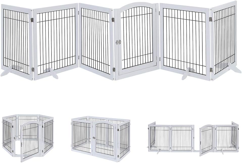 6 Panels Extra Wide Freestanding Walk Through Dog Gate with 4 Support Feet W936875
