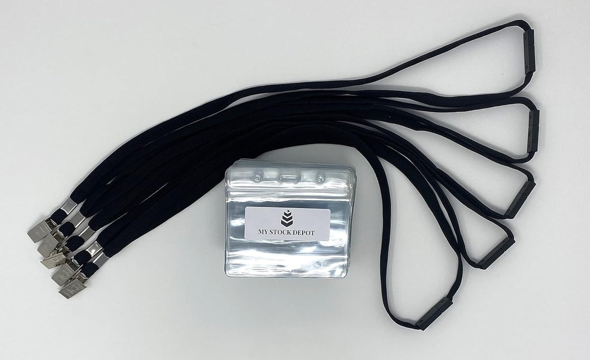 50 Pcs Clear Plastic Horizontal Name Tag Badge and 50 Pcs Black Breakaway Lanyards M3284