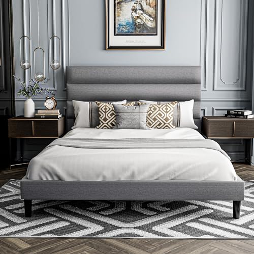 Dark Gray Full Size Linen Fabric Upholstered Platform Bed Frame C200