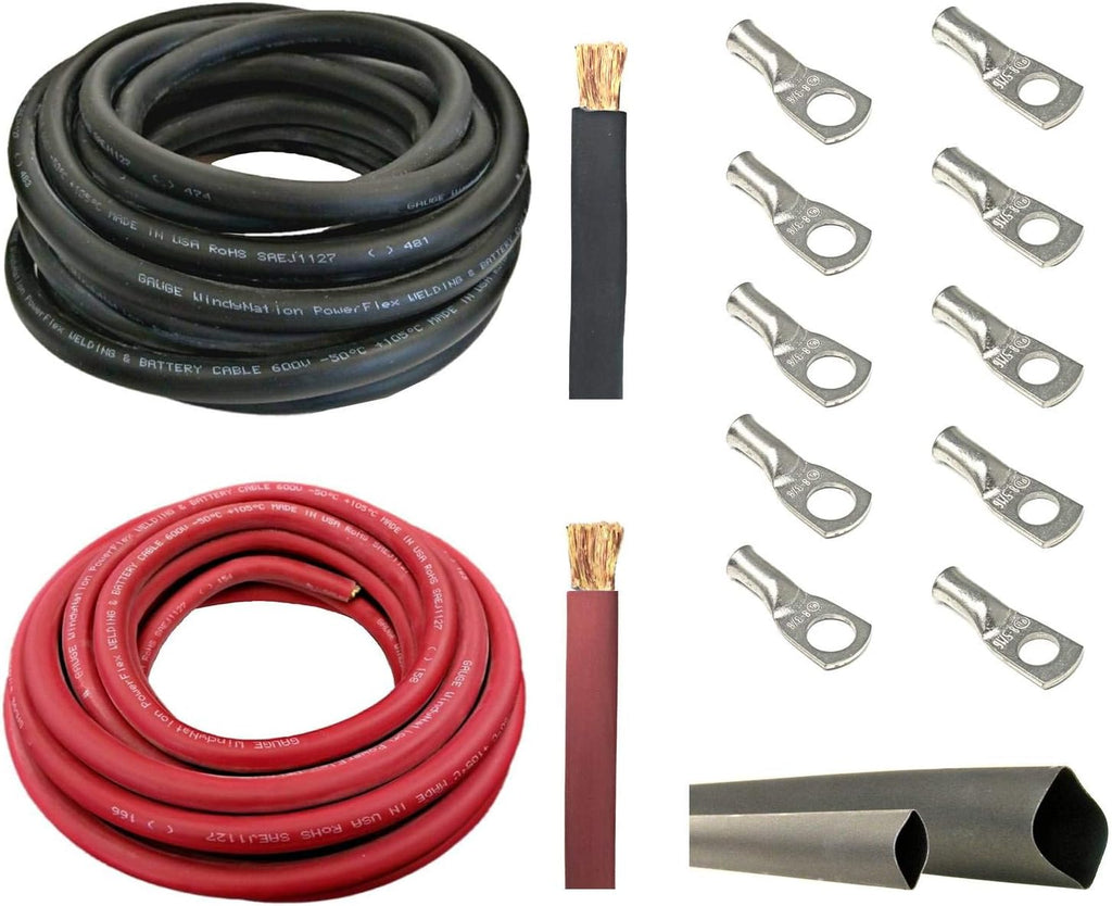 4 AWG 20 Feet Red Pure Copper Flexible Cable with Copper Cable Lug Terminal Connectors and Heat Shrink Tubing G1146