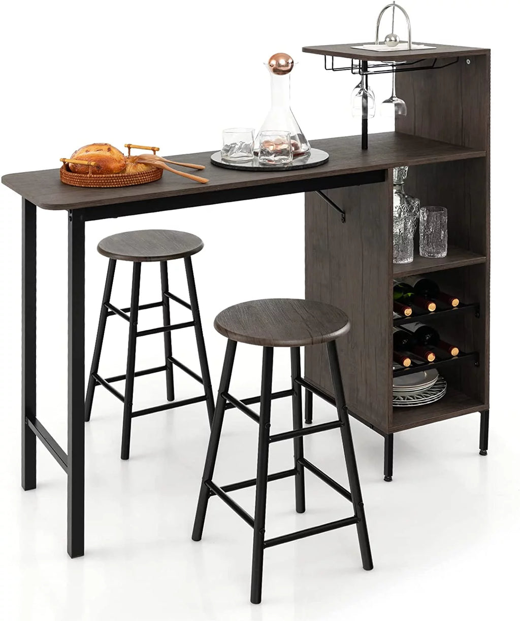 Bar Table and Chairs Set for 2, 3-Piece Counter Height Dining Table Set with Shelves L78811