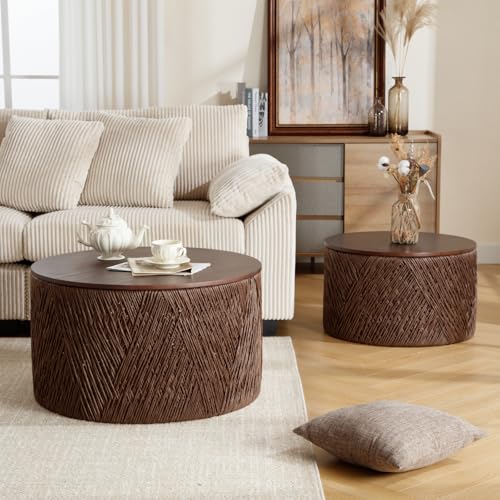 Large Round Storage Coffee Table Set of 2 Hand-Woven Rattan Brown B801