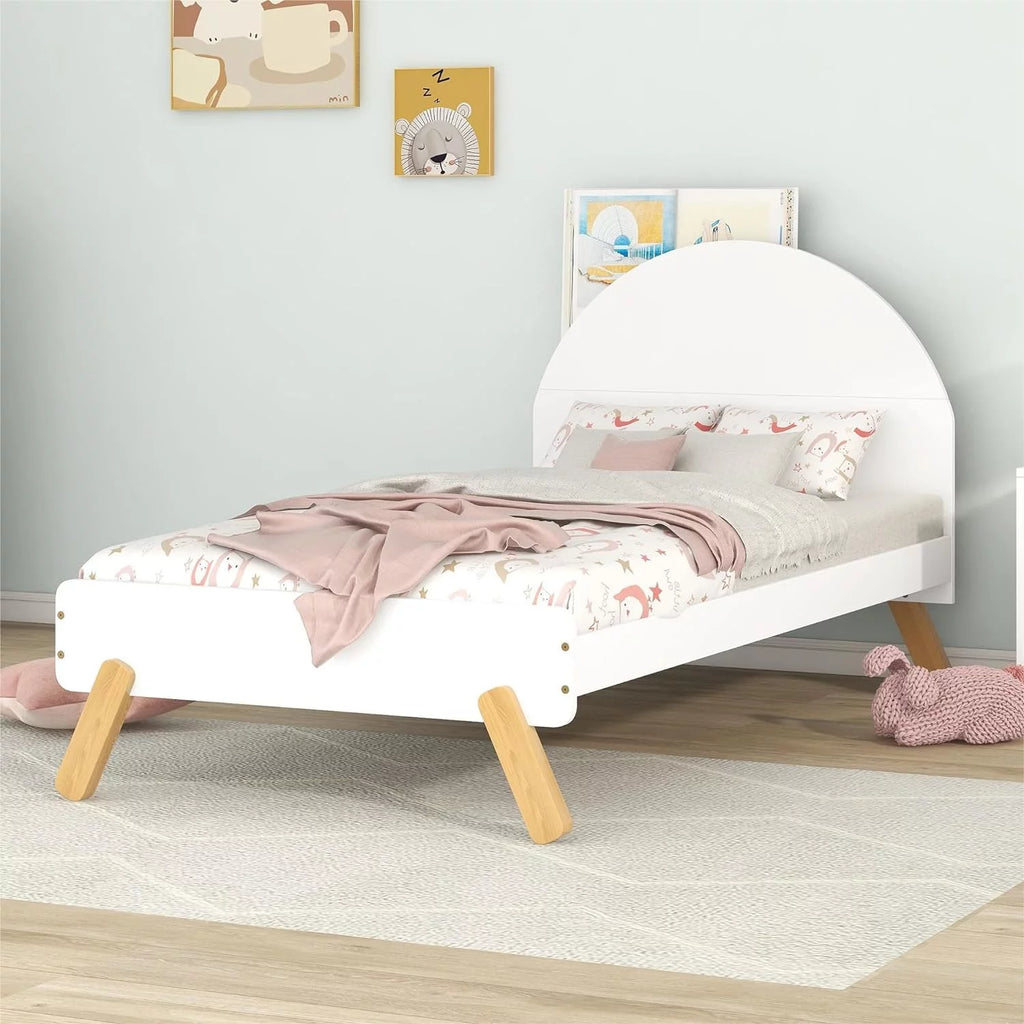 White Solid Wood Platform Bed with Curved Headboard and Shelf K49936