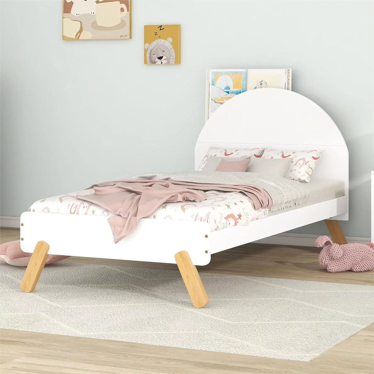 White Solid Wood Platform Bed with Curved Headboard and Shelf K49936