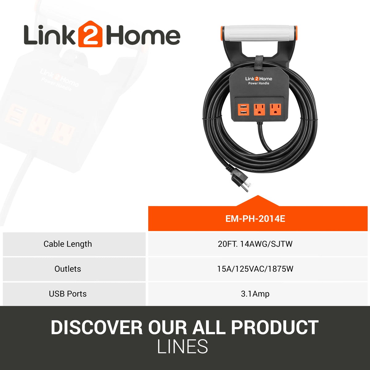 20 ft 14AWG 2 Outlets 15A Extension Cord H565144