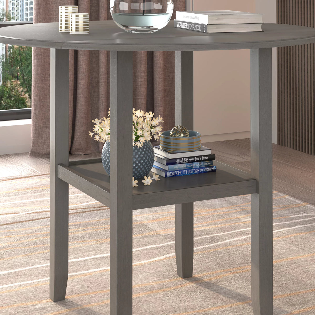 Round Drop Leaf Kitchen Dining Table with Shelf J3322