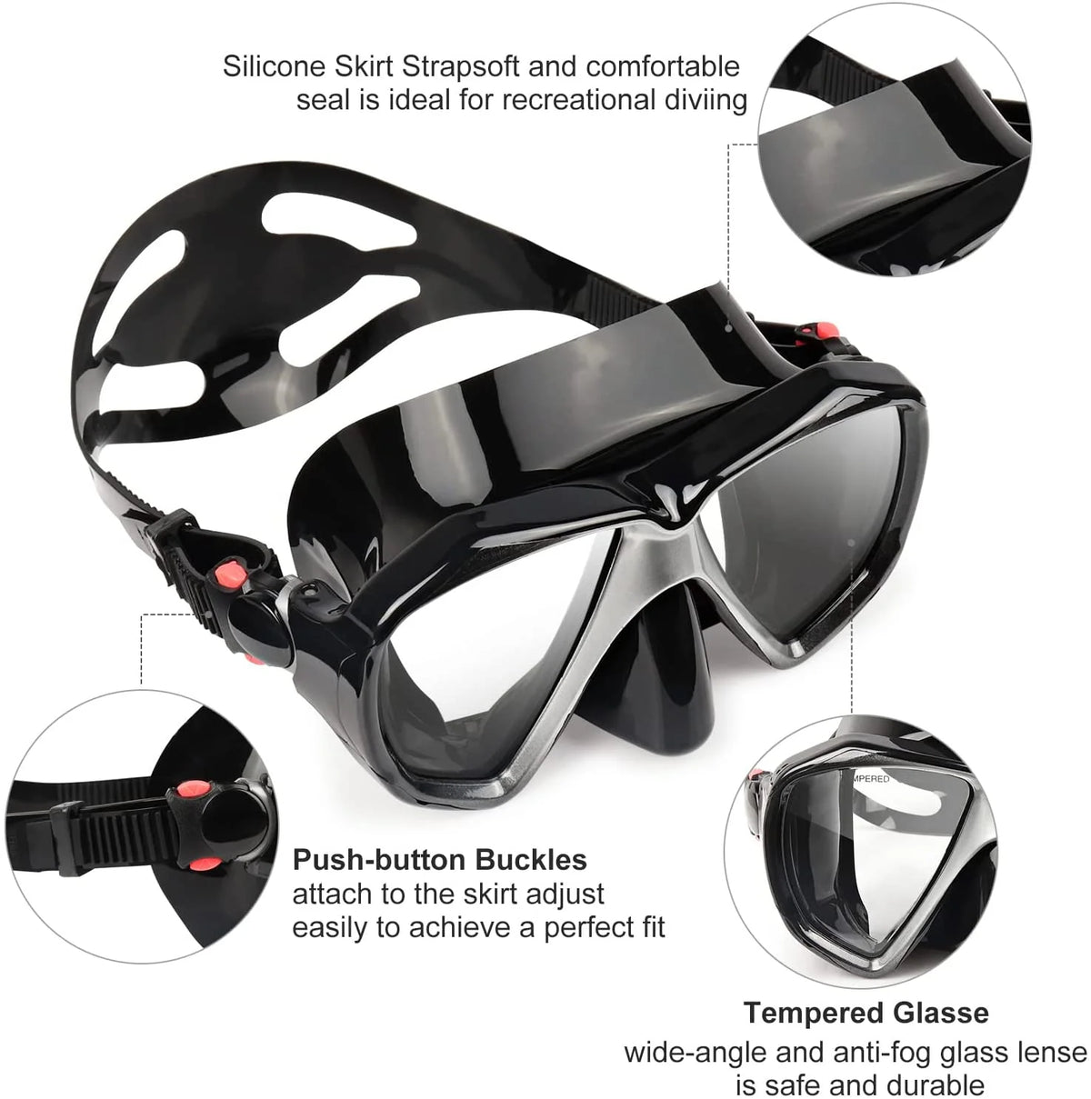 Snorkel Diving Mask with Tempered Anti-Fog Lens and Silicone Skirt Strap Y704164