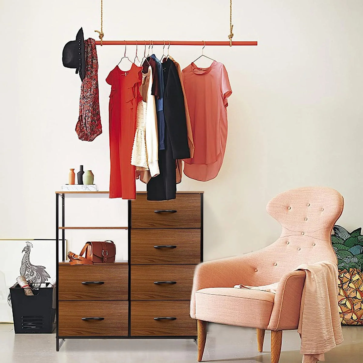 Fabric Dresser with 4 Drawers and 2 Side Shelf K82496