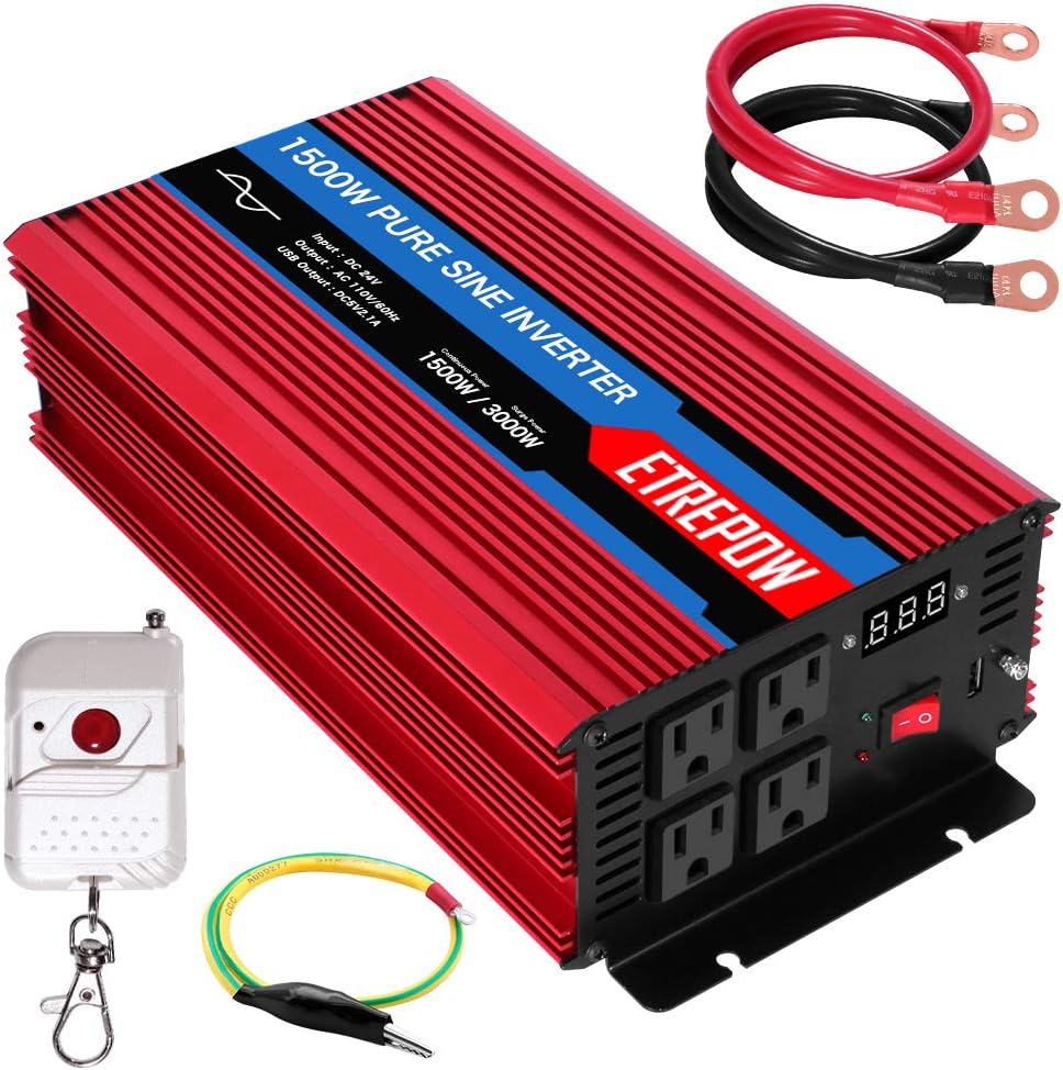 1500 Watt Pure Sine Wave Power Inverter 24V DC to 110V AC Wireless Remote Control S104061