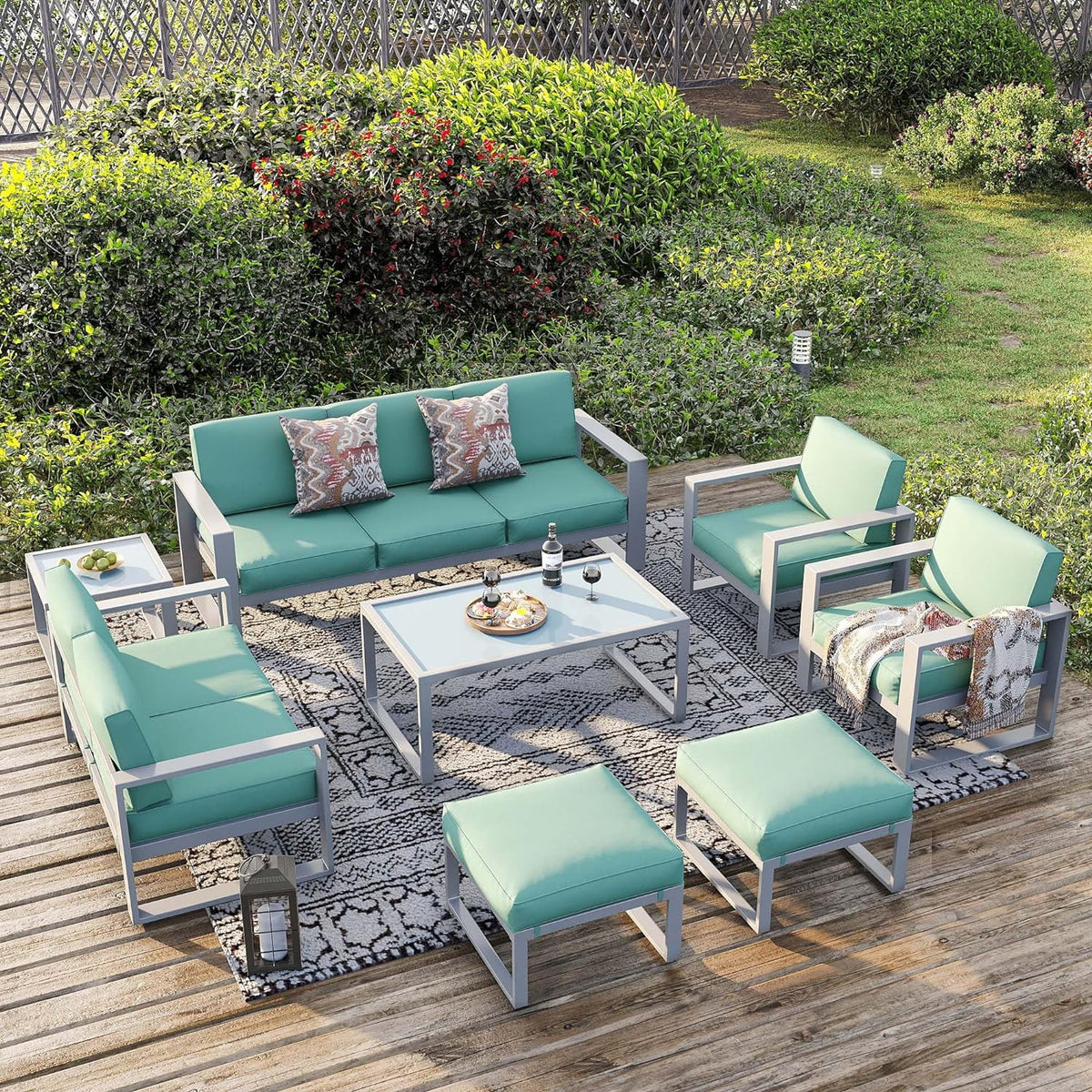 8 Pieces White Aluminum Patio Furniture Set with Ottoman and Coffee Table Y288784