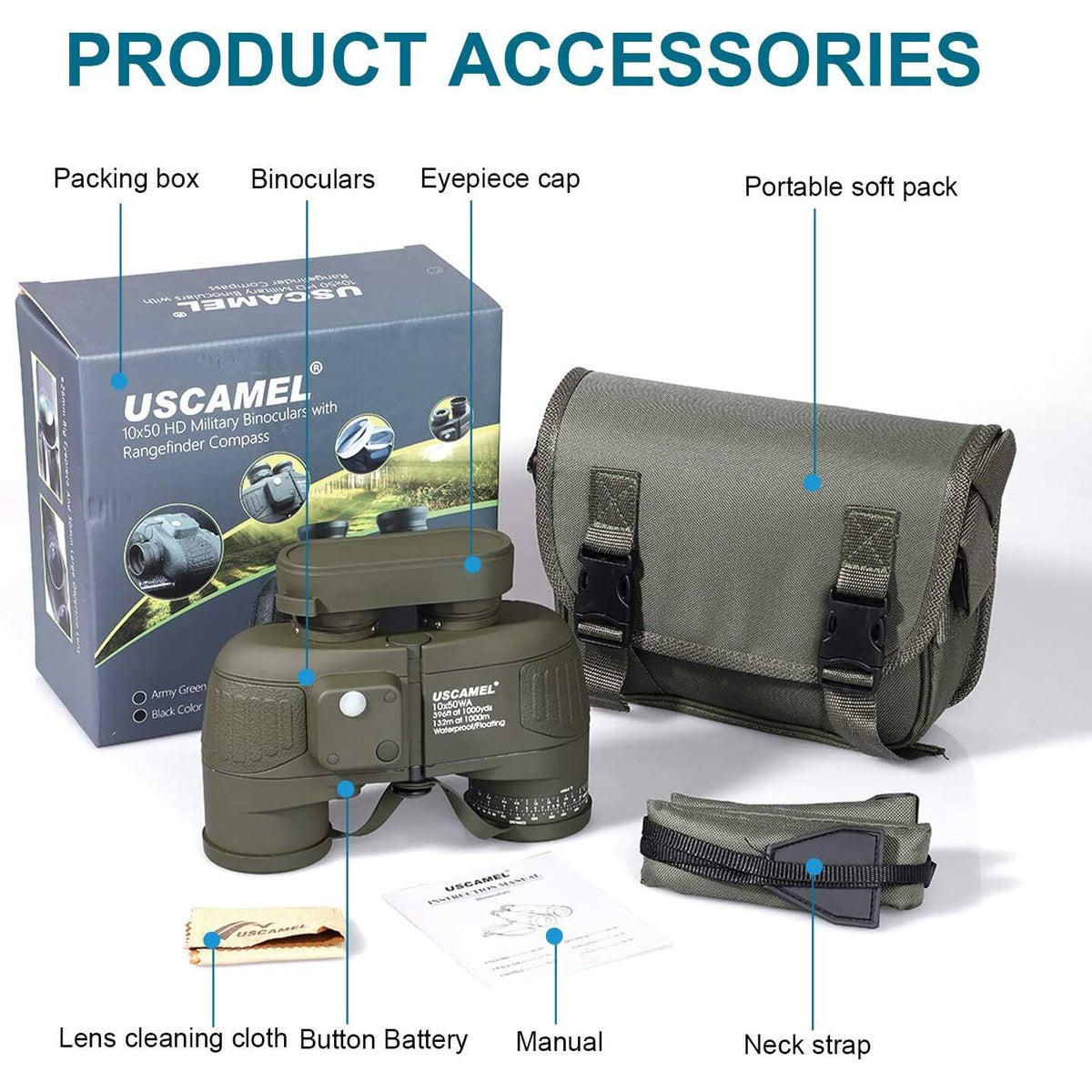 10x50 Waterproof Binoculars with Rangefinder Compass BAK4 Prism FMC Lens V624