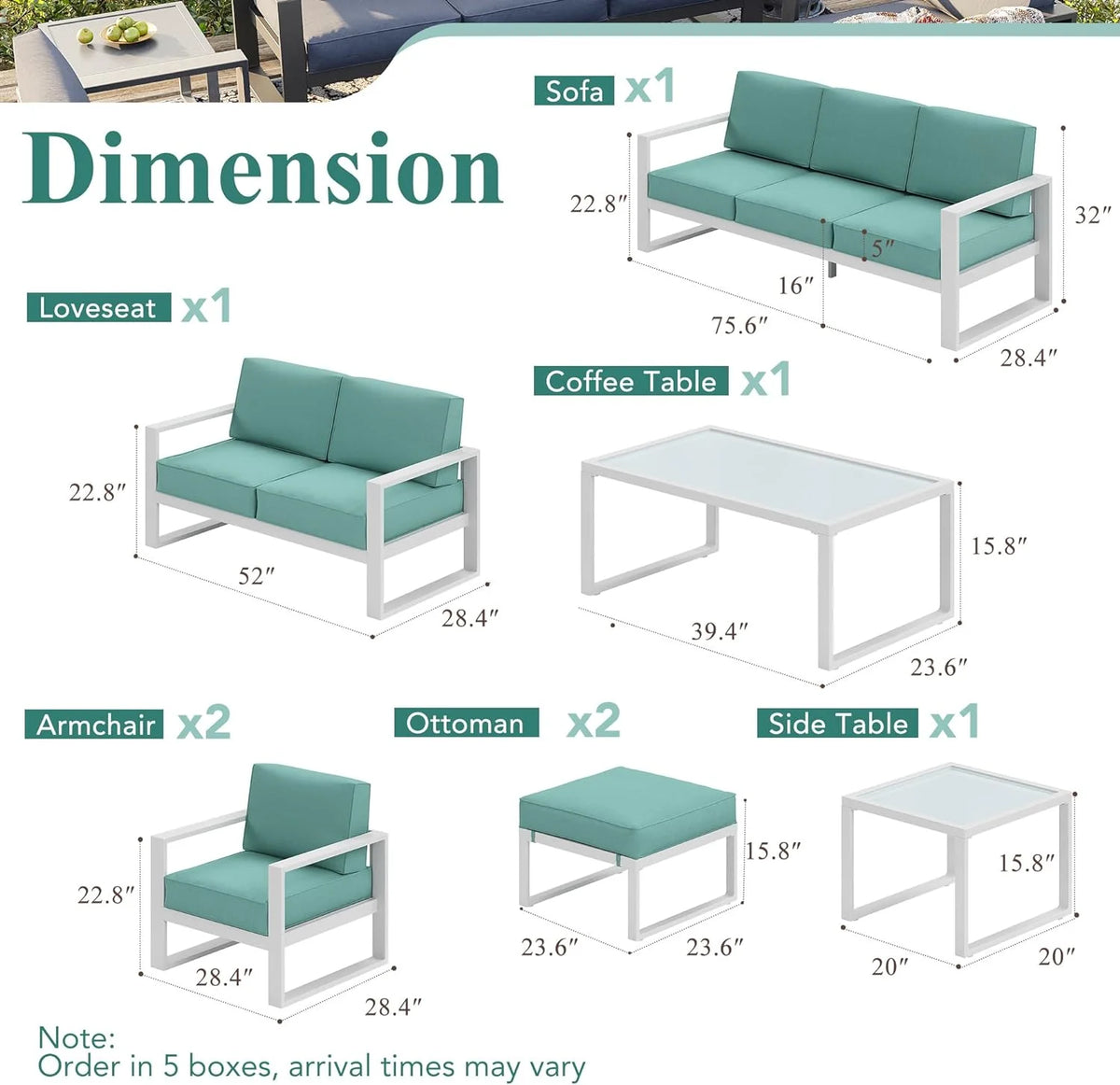 8 Pieces White Aluminum Patio Furniture Set with Ottoman and Coffee Table Y288784